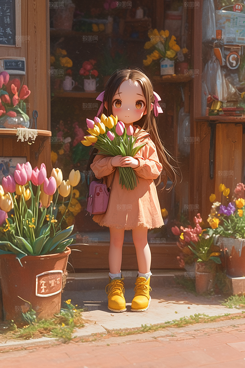 手捧鲜花的少女飞舞的裙摆3D素材
