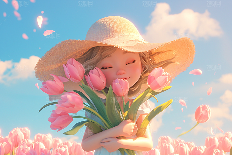 手捧鲜花的少女花朵青春素材