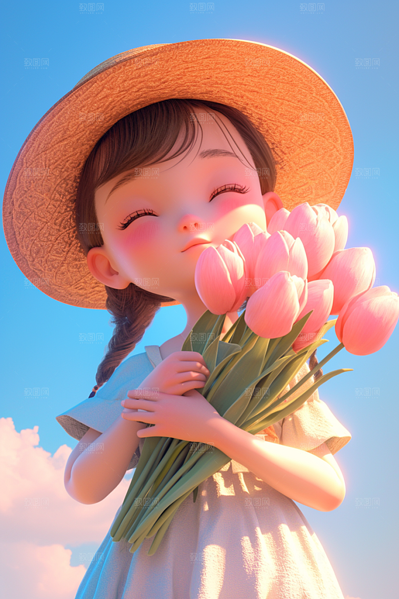手捧鲜花的少女模型春天素材