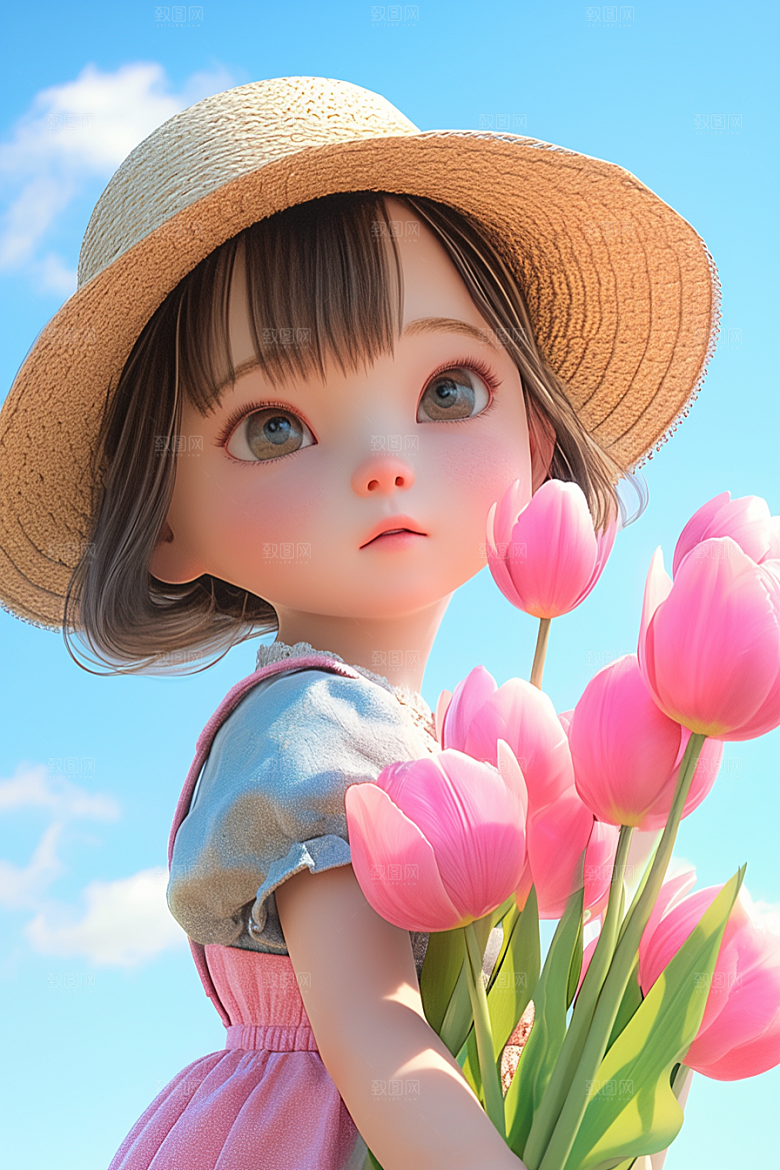 手捧鲜花的少女烂漫肖像素材