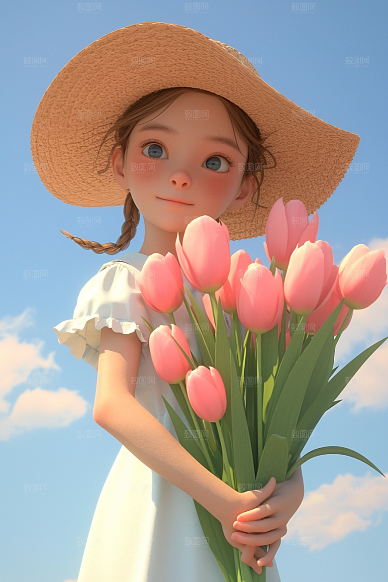 手捧鲜花的少女立体梦幻素材