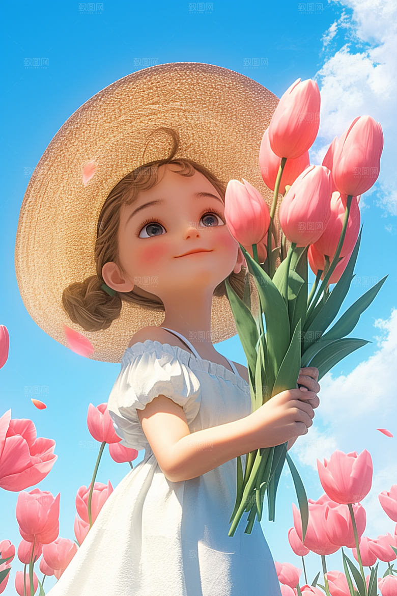 手捧鲜花的少女模型3D素材