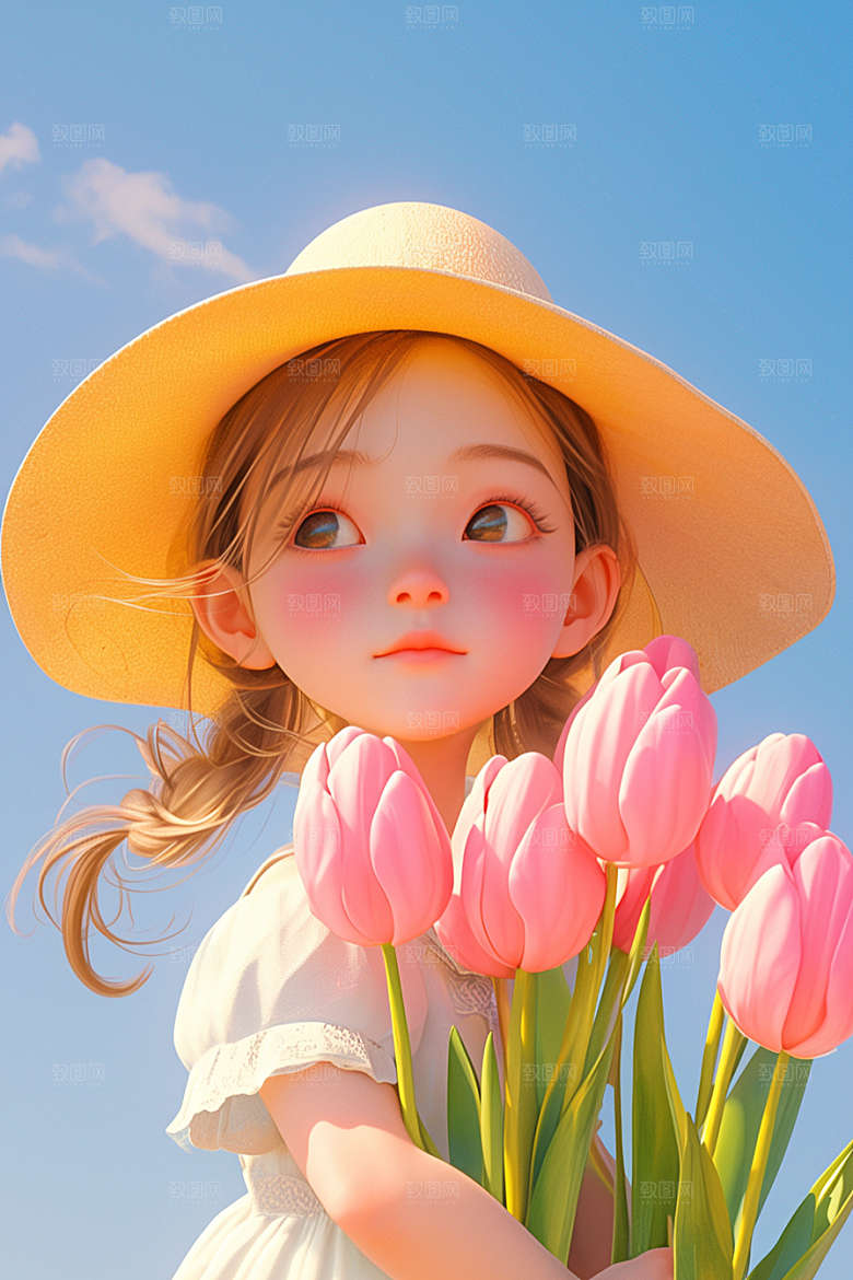 手捧鲜花的少女春天人物素材