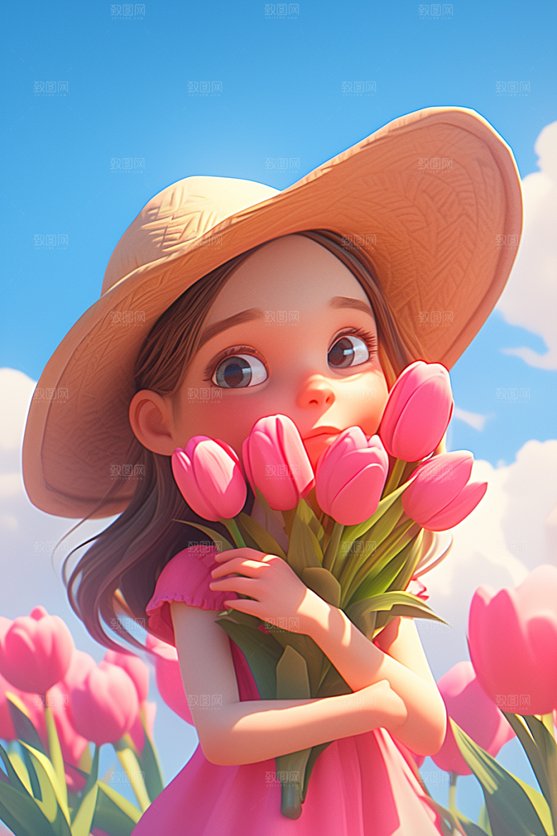 手捧鲜花的少女模型3D素材