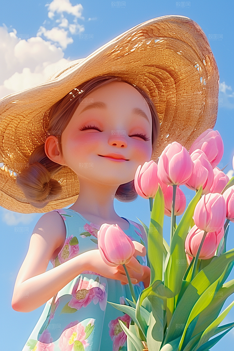 手捧鲜花的少女梦幻自然素材