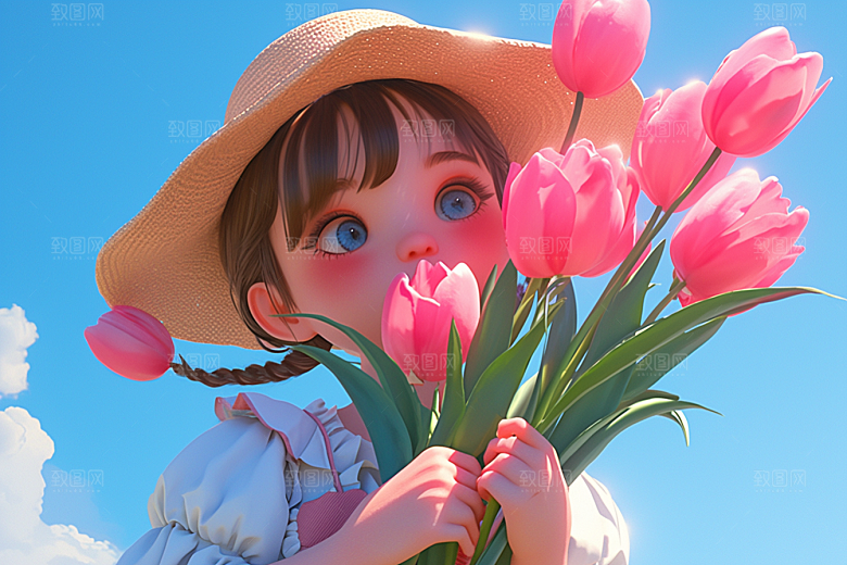 手捧鲜花的少女模型青春素材
