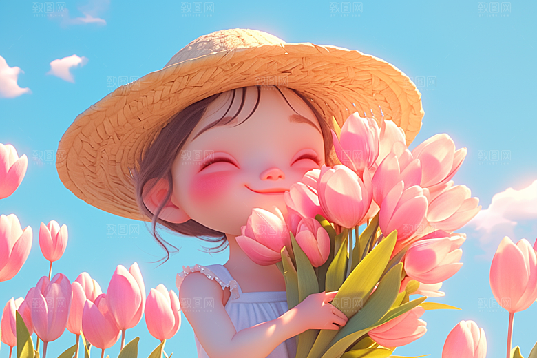 手捧鲜花的少女人物花朵素材