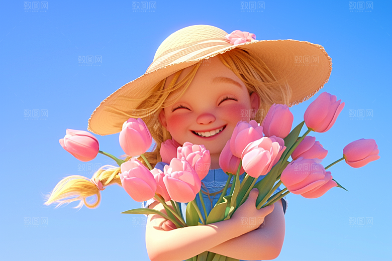 手捧鲜花的少女梦幻3D素材