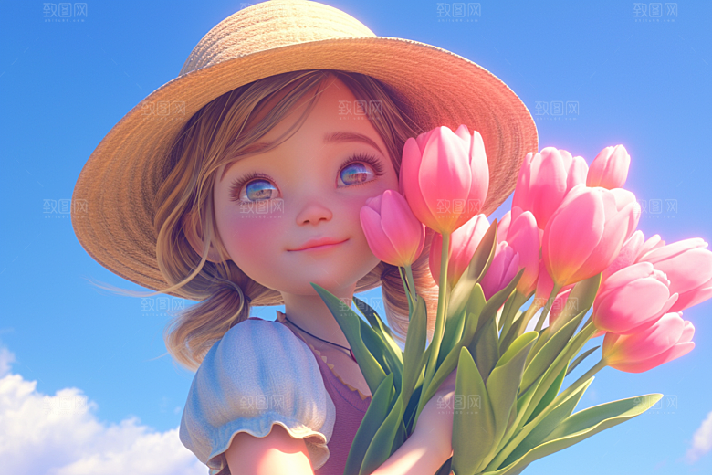 手捧鲜花的少女青春模型素材