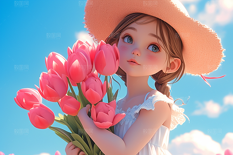 手捧鲜花的少女自然花朵素材
