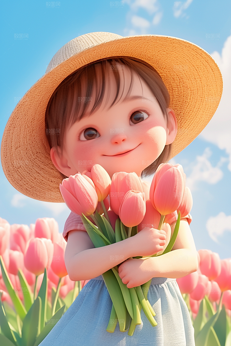 手捧鲜花的少女春天烂漫素材