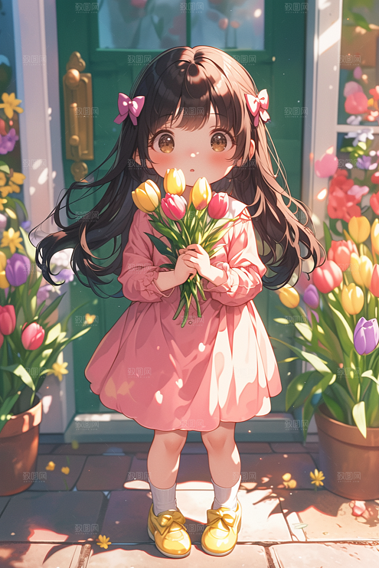 手捧鲜花的少女立体人物素材