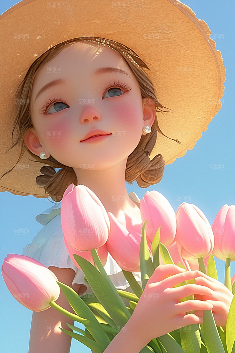 手捧鲜花的少女唯美3D素材