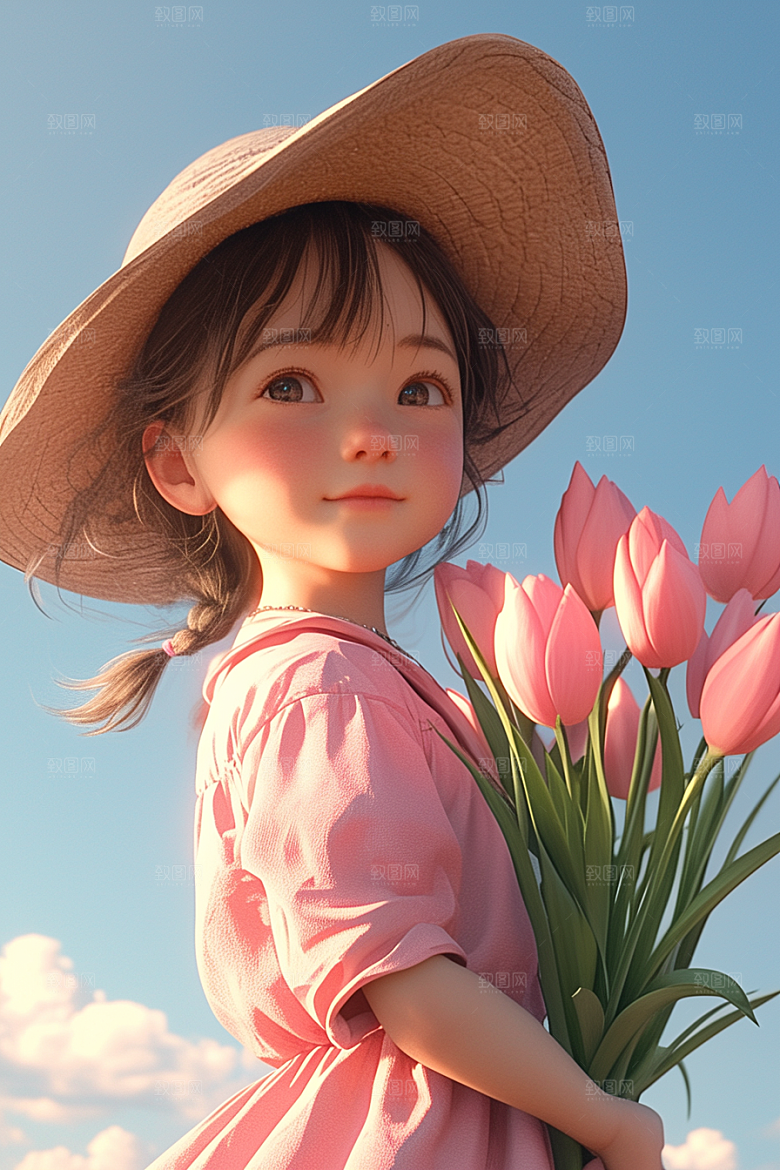 手捧鲜花的少女3D肖像素材