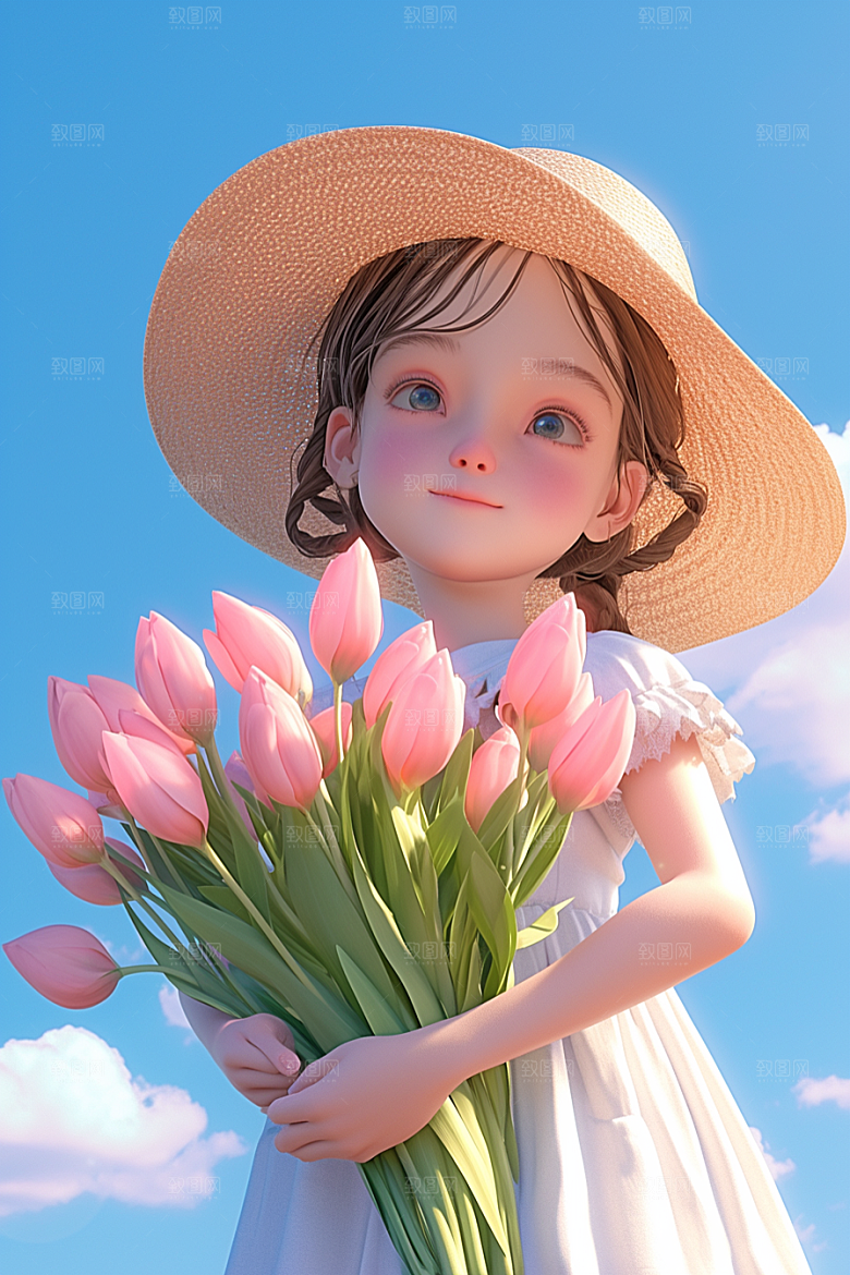 手捧鲜花的少女清新梦幻素材