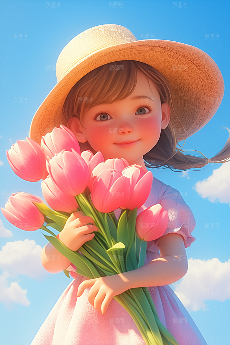 手捧鲜花的少女清新唯美素材