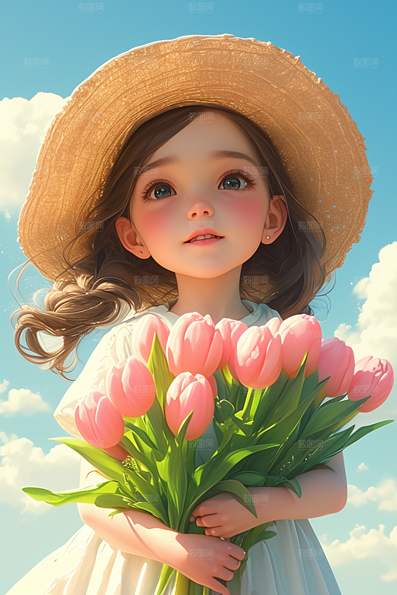手捧鲜花的少女模型飞舞的裙摆素材