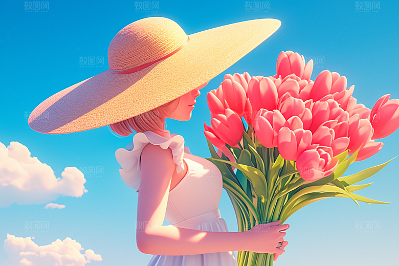 手捧鲜花的少女唯美自然素材