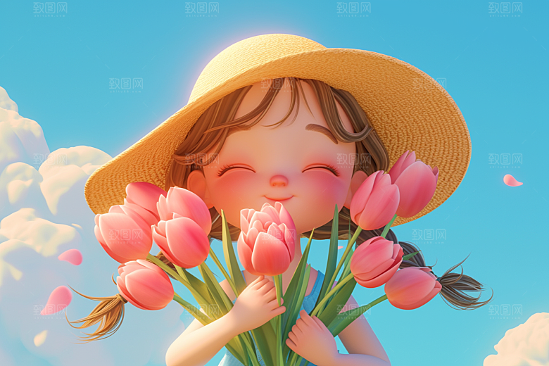 手捧鲜花的少女唯美3D素材