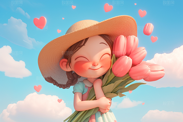 手捧鲜花的少女肖像梦幻素材