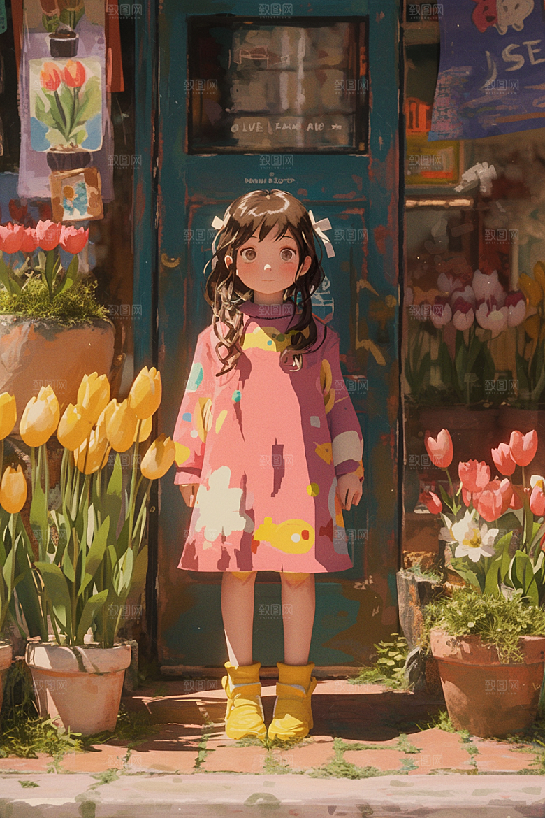 手捧鲜花的少女人物唯美素材