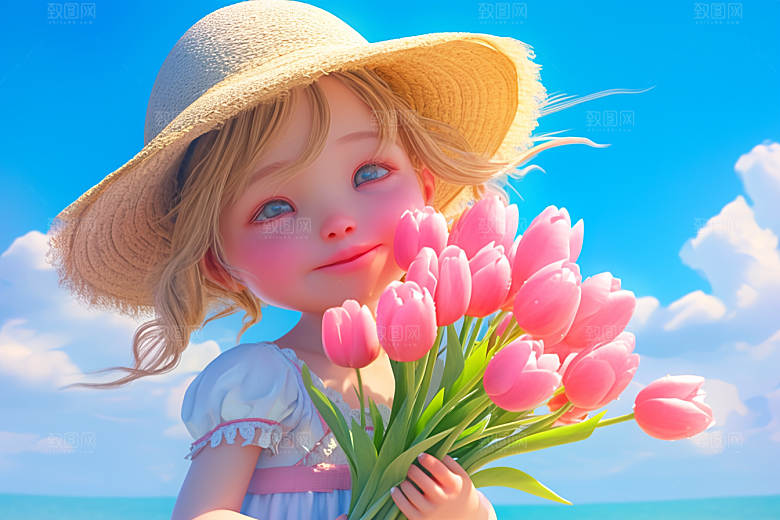 手捧鲜花的少女立体自然素材