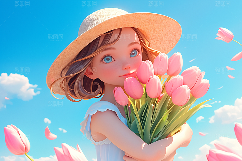 手捧鲜花的少女模型花朵素材