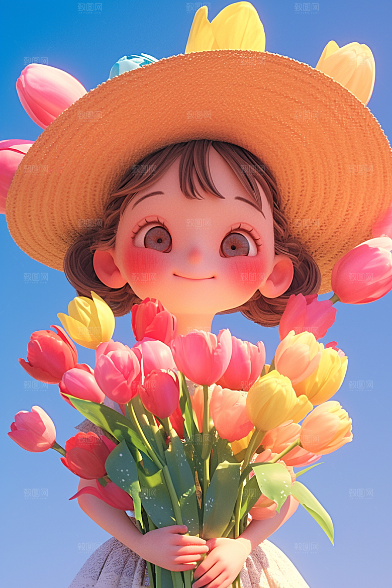 手捧鲜花的少女清新3D素材
