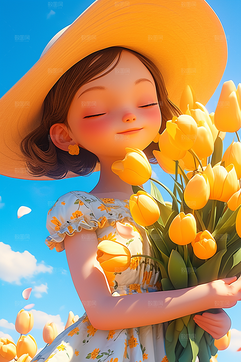 手捧鲜花的少女梦幻人物素材