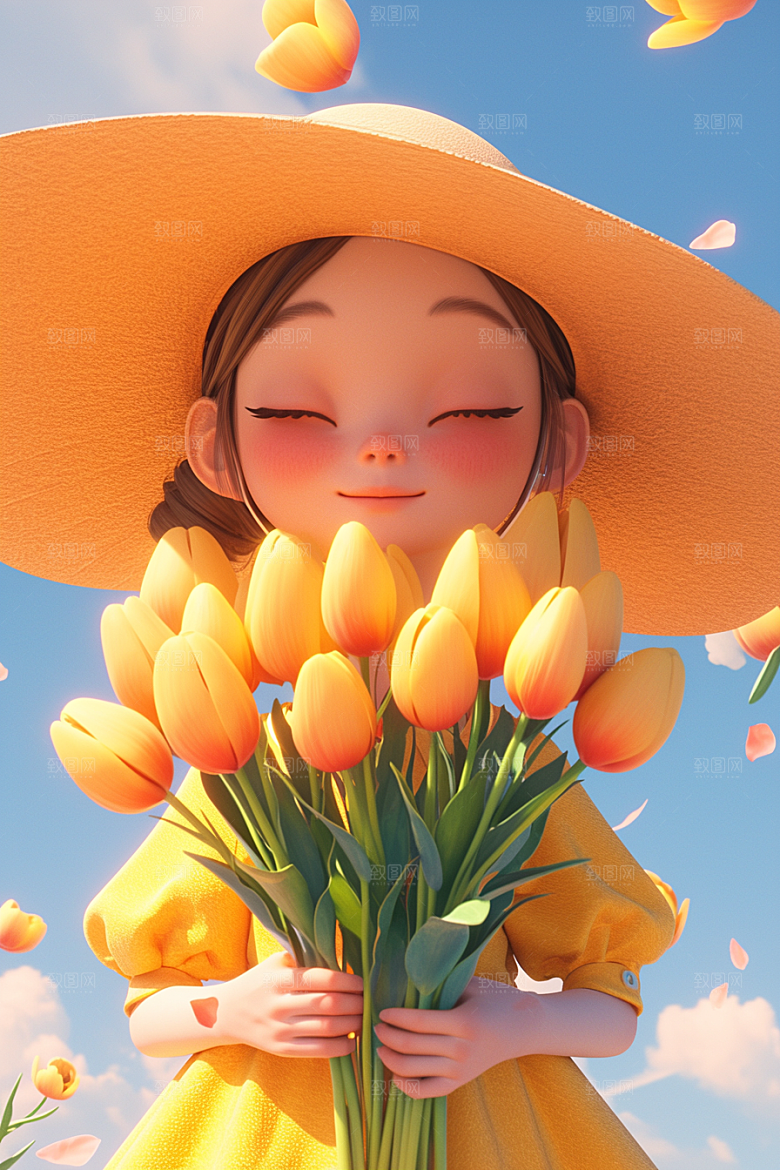 手捧鲜花的少女模型春天素材