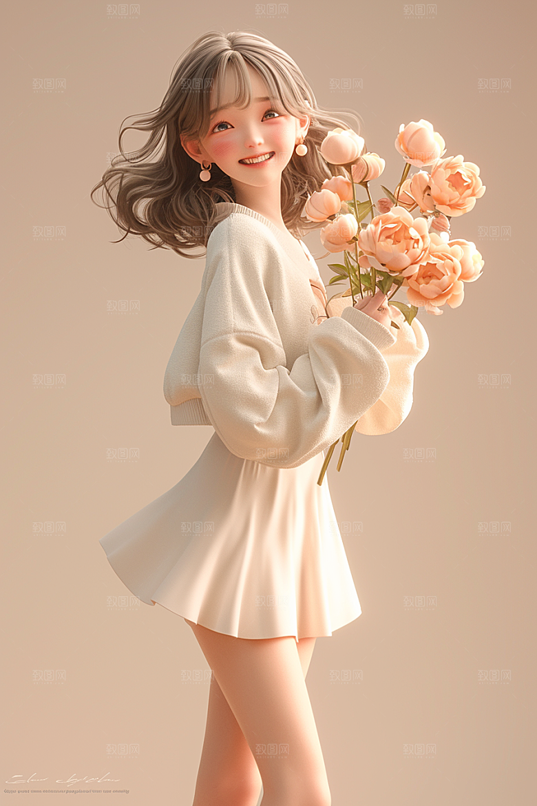 手捧鲜花的少女模型自然素材