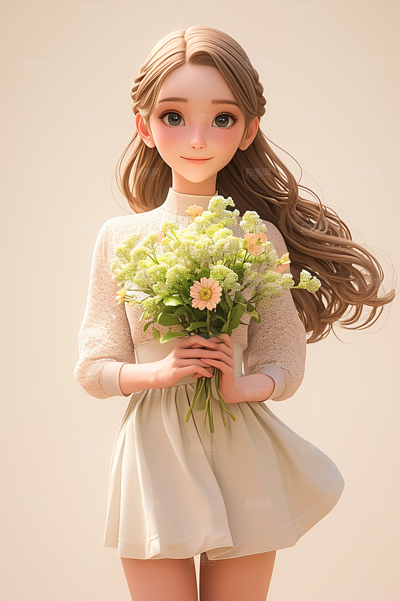 手捧鲜花的少女人物肖像素材