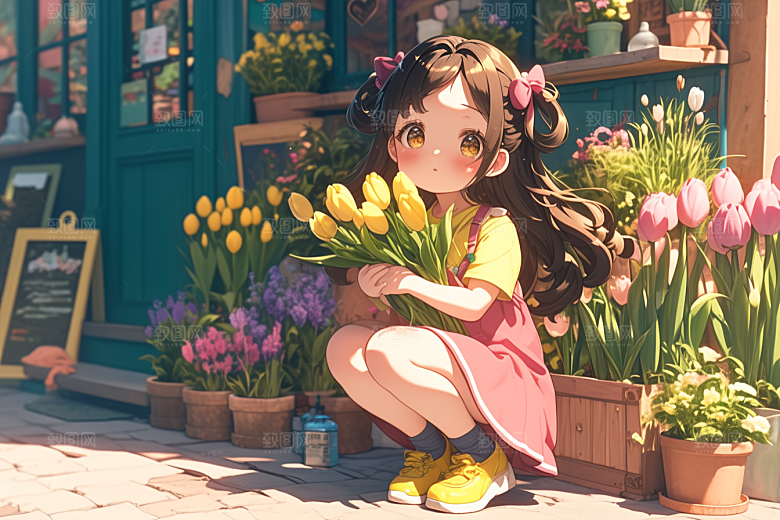 手捧鲜花的少女花朵自然素材