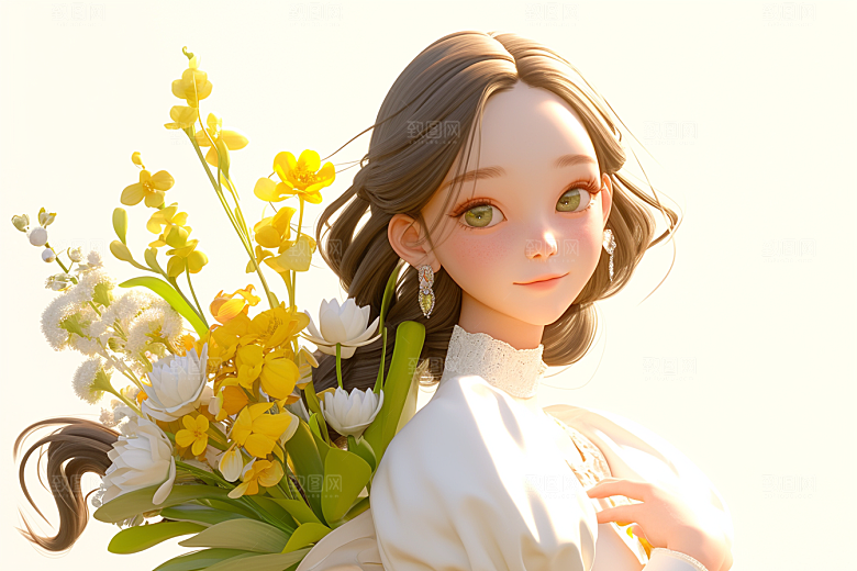 手捧鲜花的少女烂漫自然素材