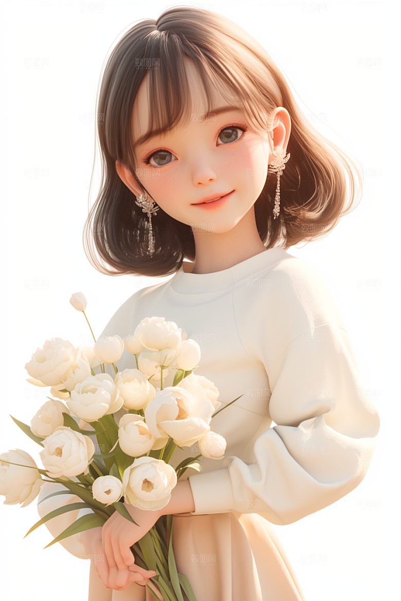 手捧鲜花的少女人物唯美素材