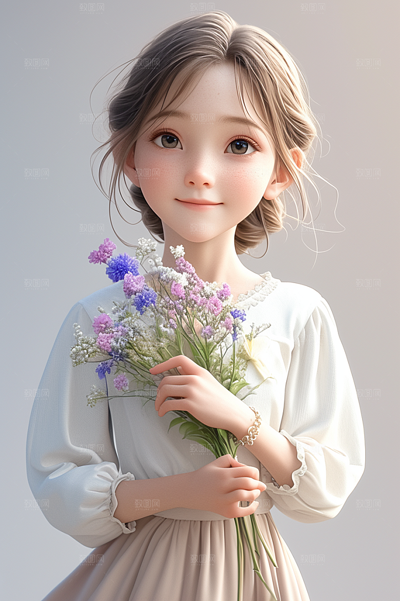 手捧鲜花的少女人物花朵素材