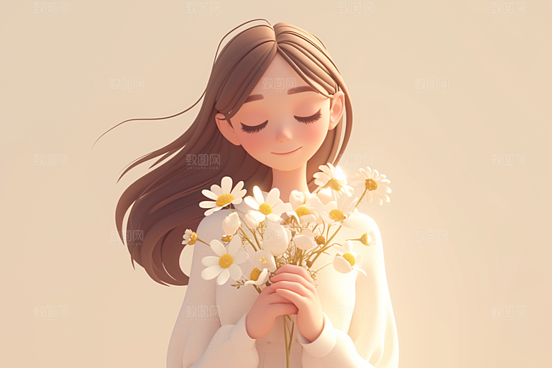 手捧鲜花的少女花朵清新素材