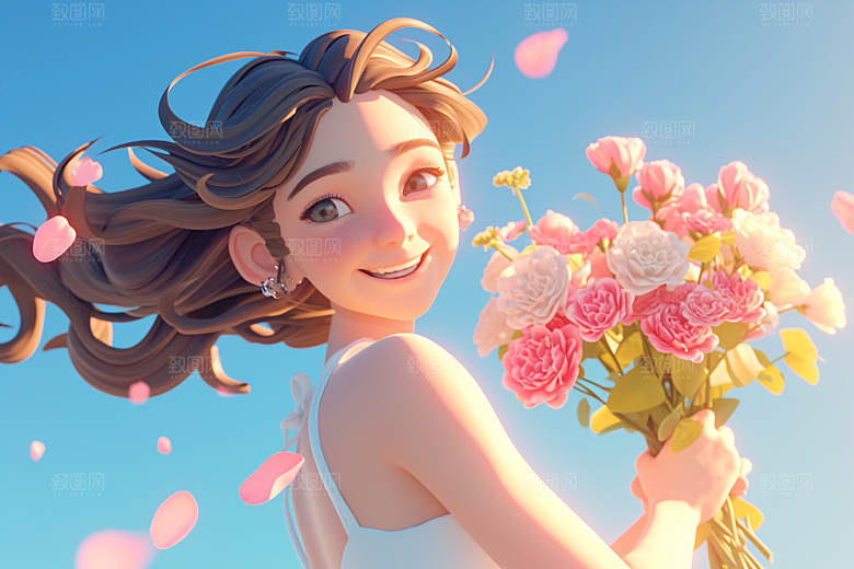 手捧鲜花的少女唯美梦幻素材