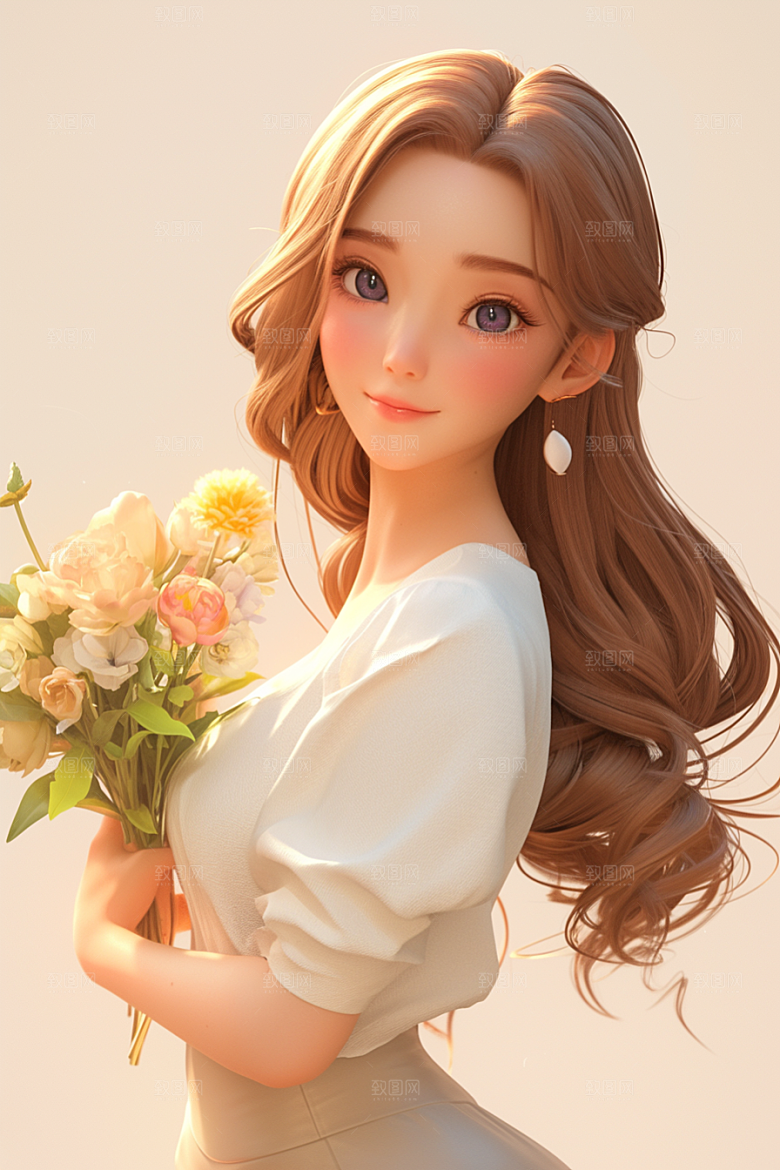 手捧鲜花的少女烂漫唯美素材
