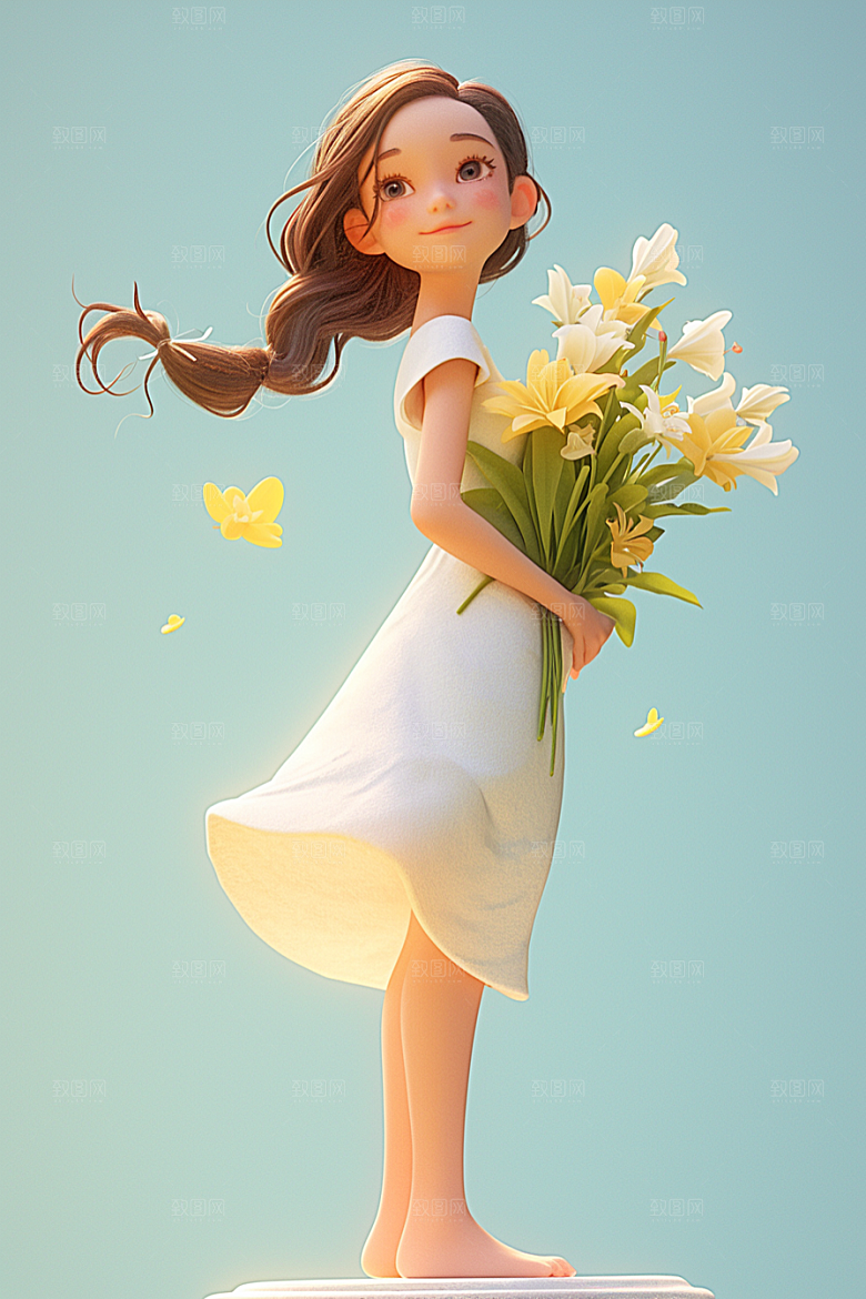 手捧鲜花的少女3D自然素材