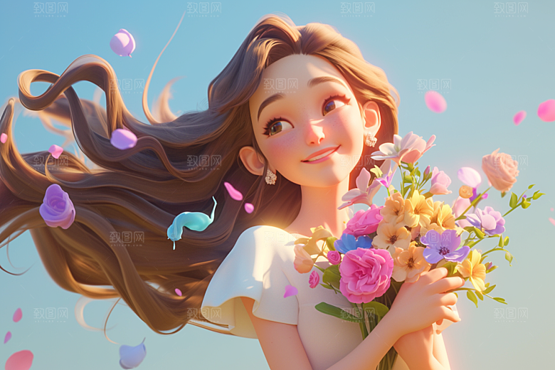 手捧鲜花的少女立体青春素材