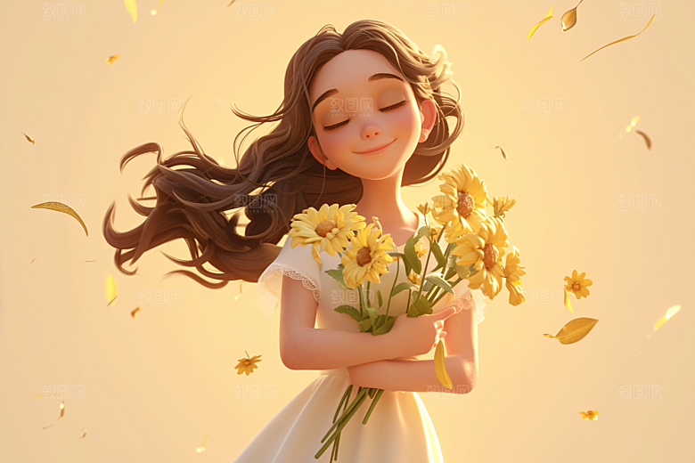 手捧鲜花的少女立体3D素材