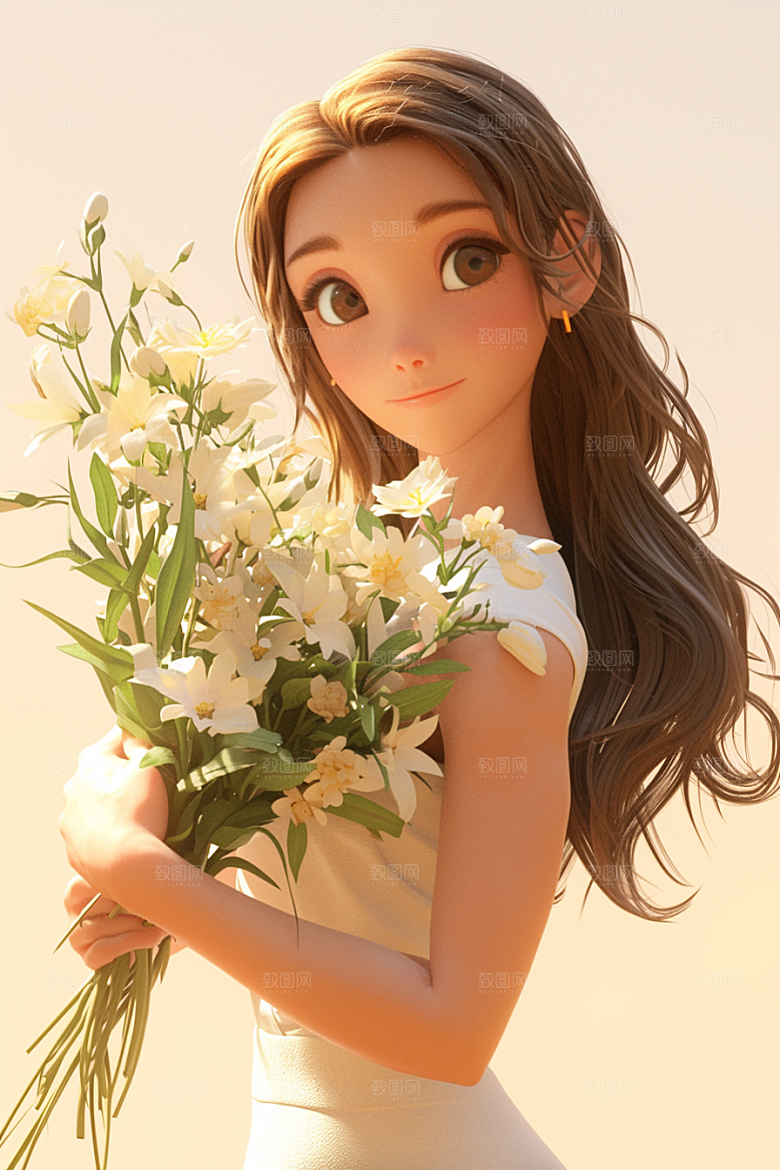 手捧鲜花的少女花朵模型素材