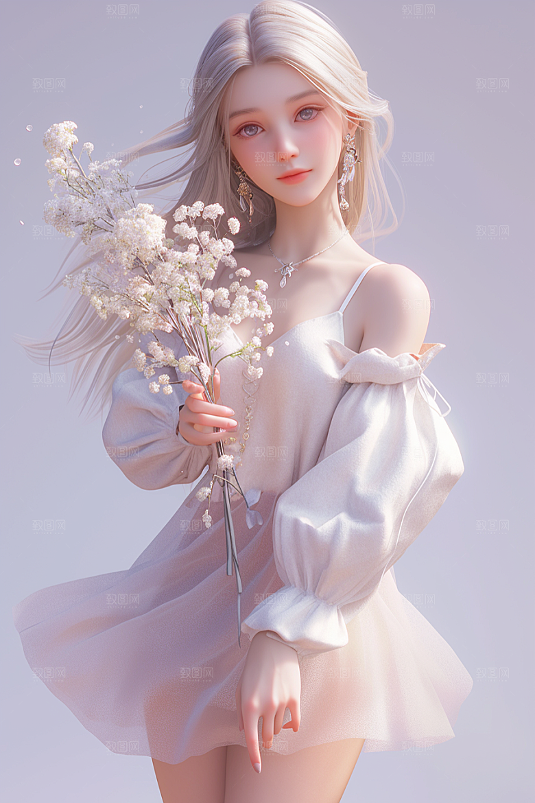 手捧鲜花的少女飞舞的裙摆唯美素材