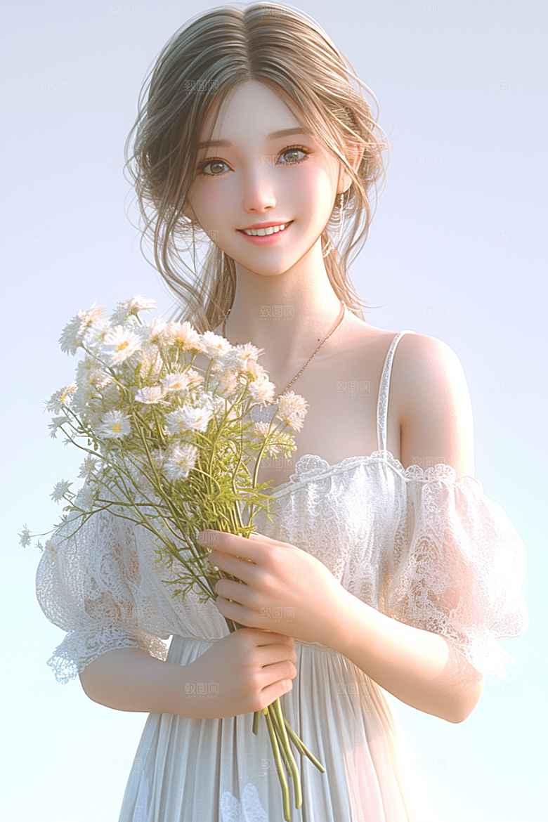 手捧鲜花的少女清新自然素材