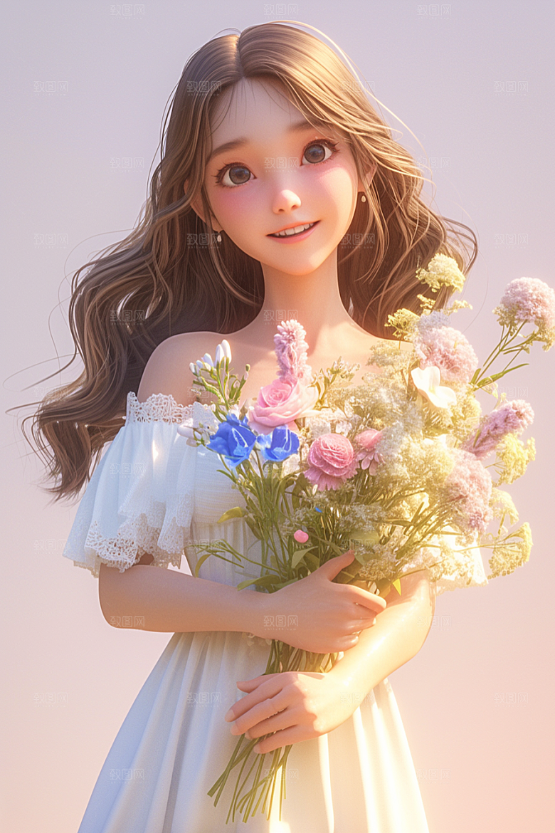 手捧鲜花的少女自然春天素材