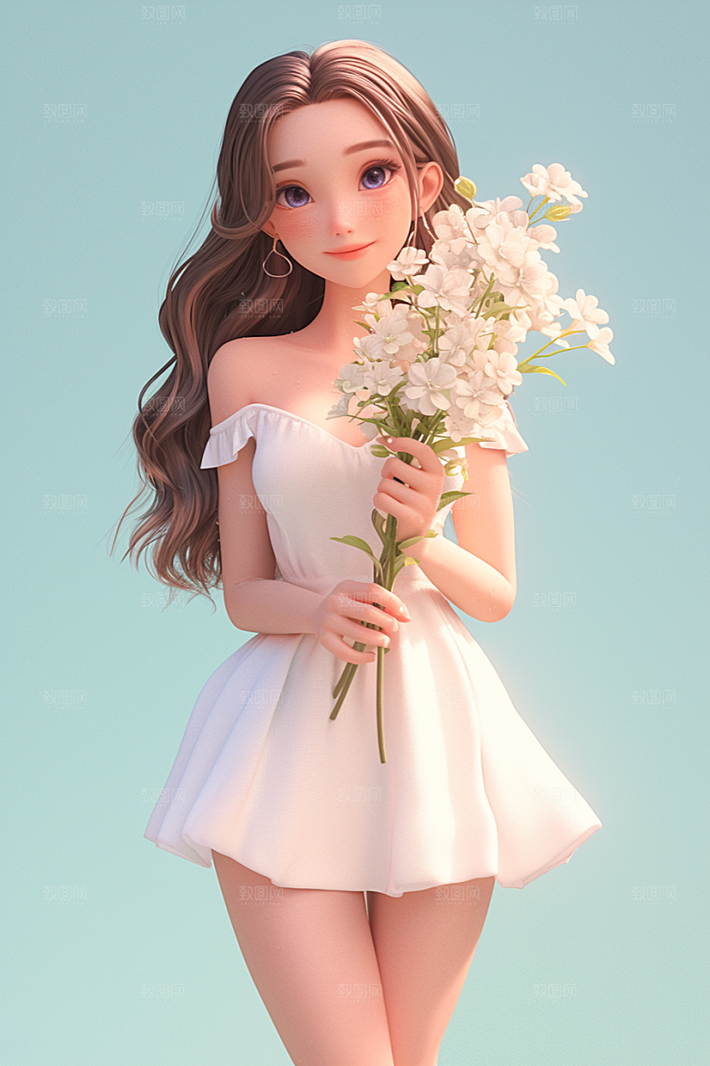 手捧鲜花的少女模型花朵素材