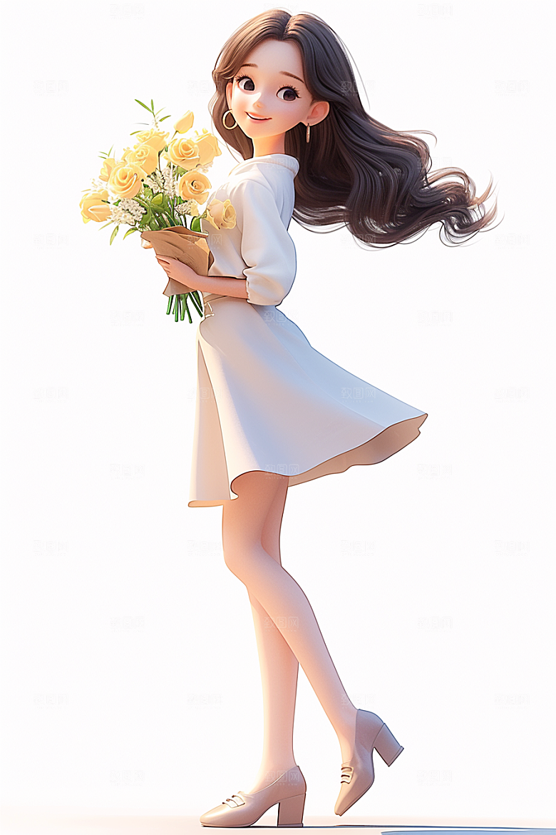 手捧鲜花的少女青春唯美素材