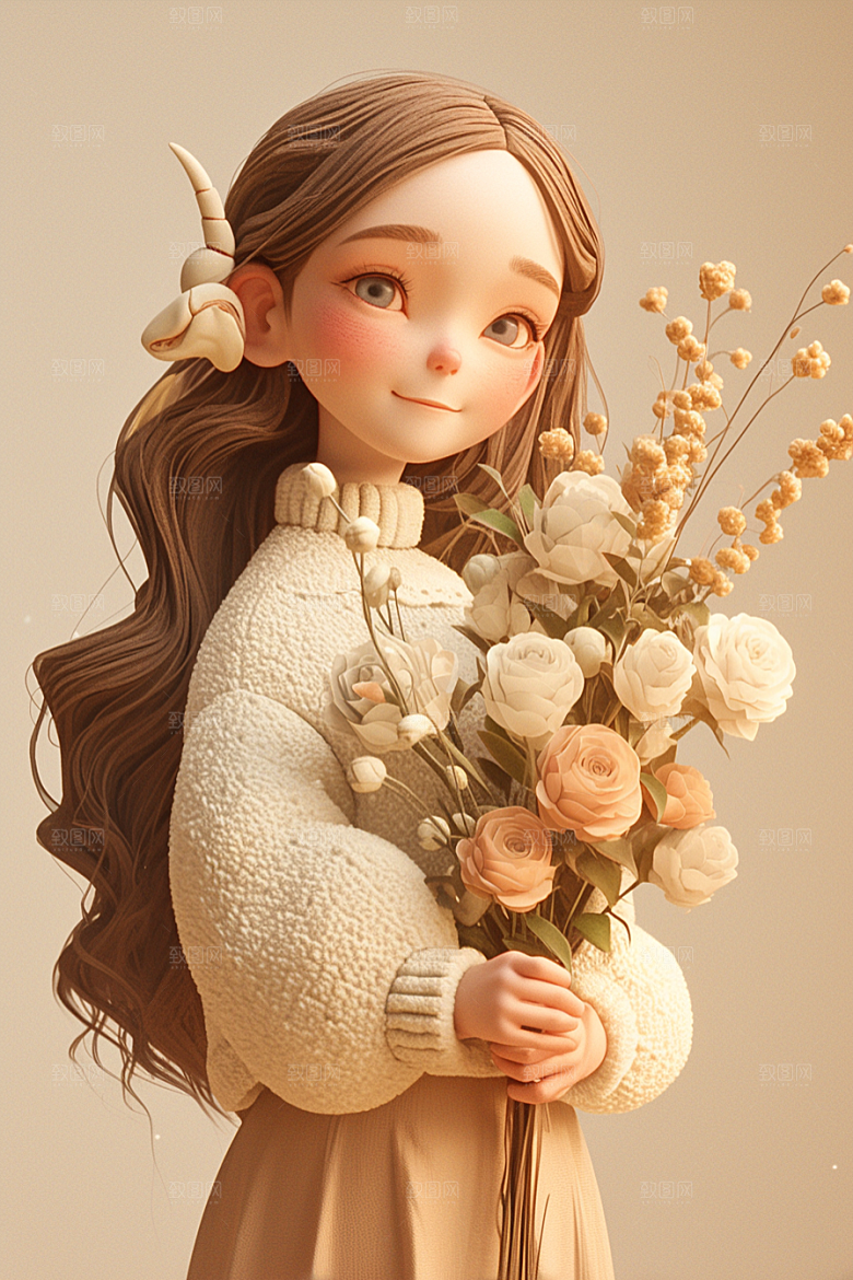 手捧鲜花的少女人物花朵素材