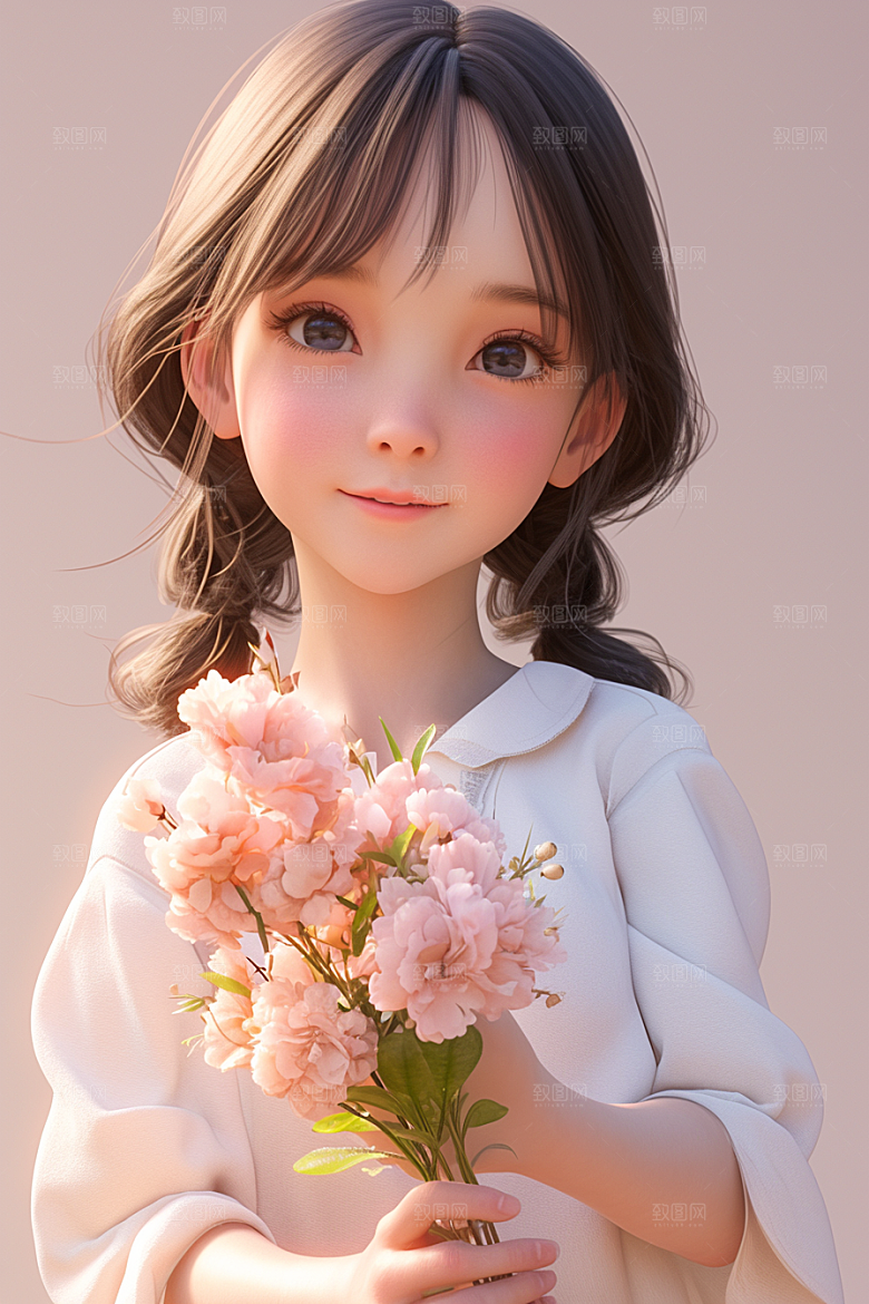 手捧鲜花的少女肖像唯美素材